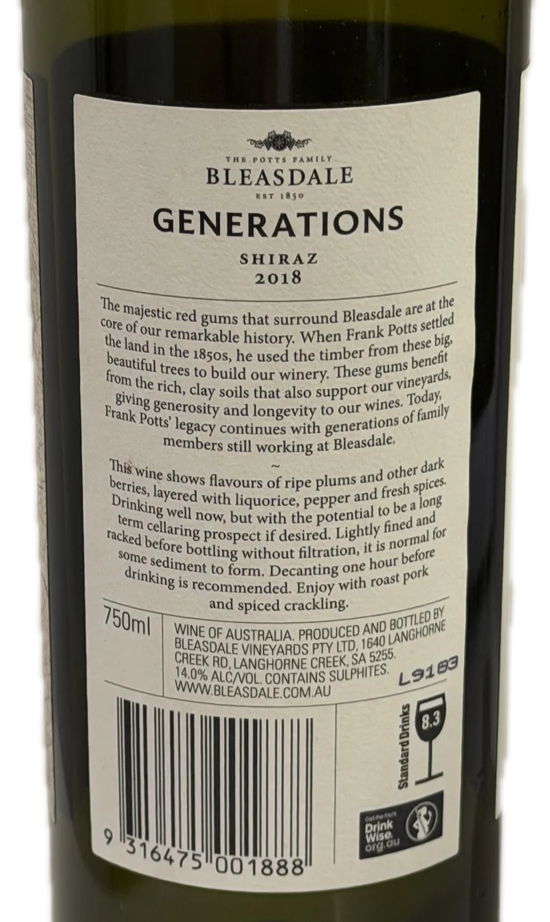 Bleasdale Generations Shiraz 2018 — Back
