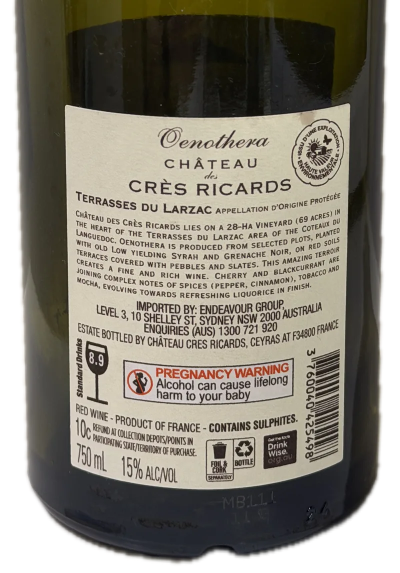 Château des Crès Ricards Oenothera 2024 — Back