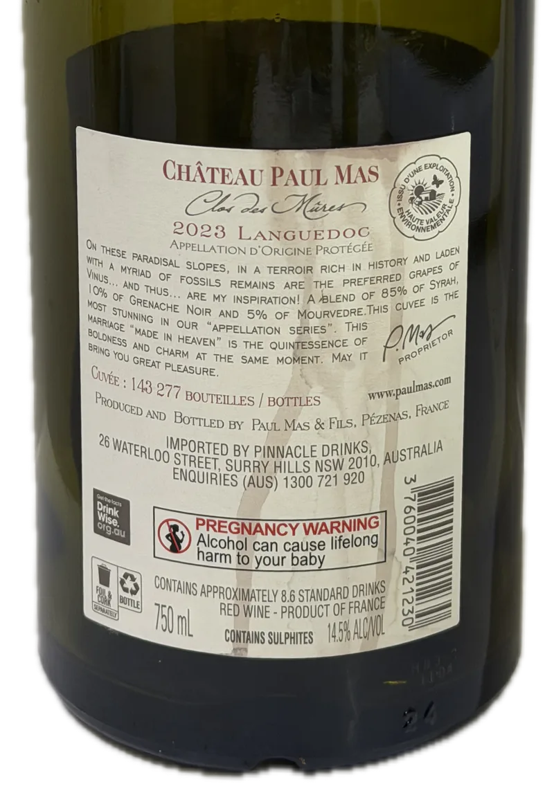 Château Paul Mas Clos des Mûres 2023 — Back