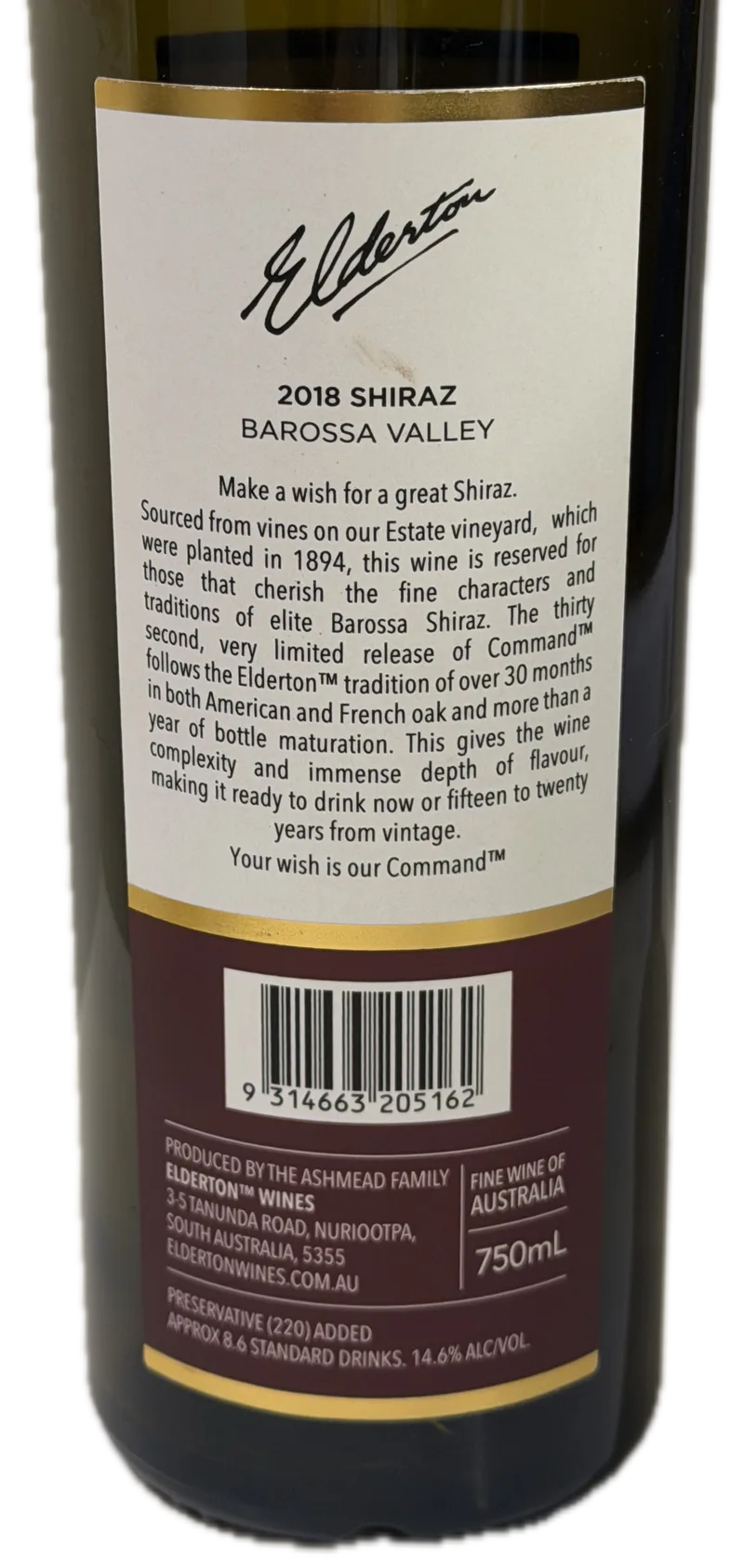 Elderton Command Single Vineyard Shiraz 2018 — Back