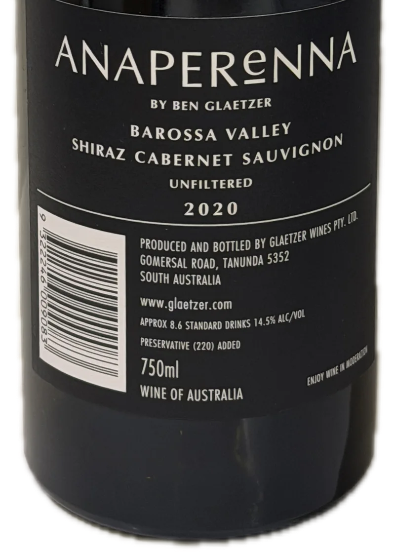 Glaetzer Wines Anaperenna Shiraz & Cabernet Sauvignon 2020 — Back