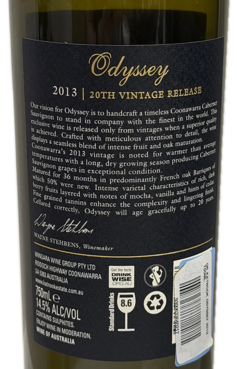 Katnook Estate Odyssey Cabernet Sauvignon 2013 — Back
