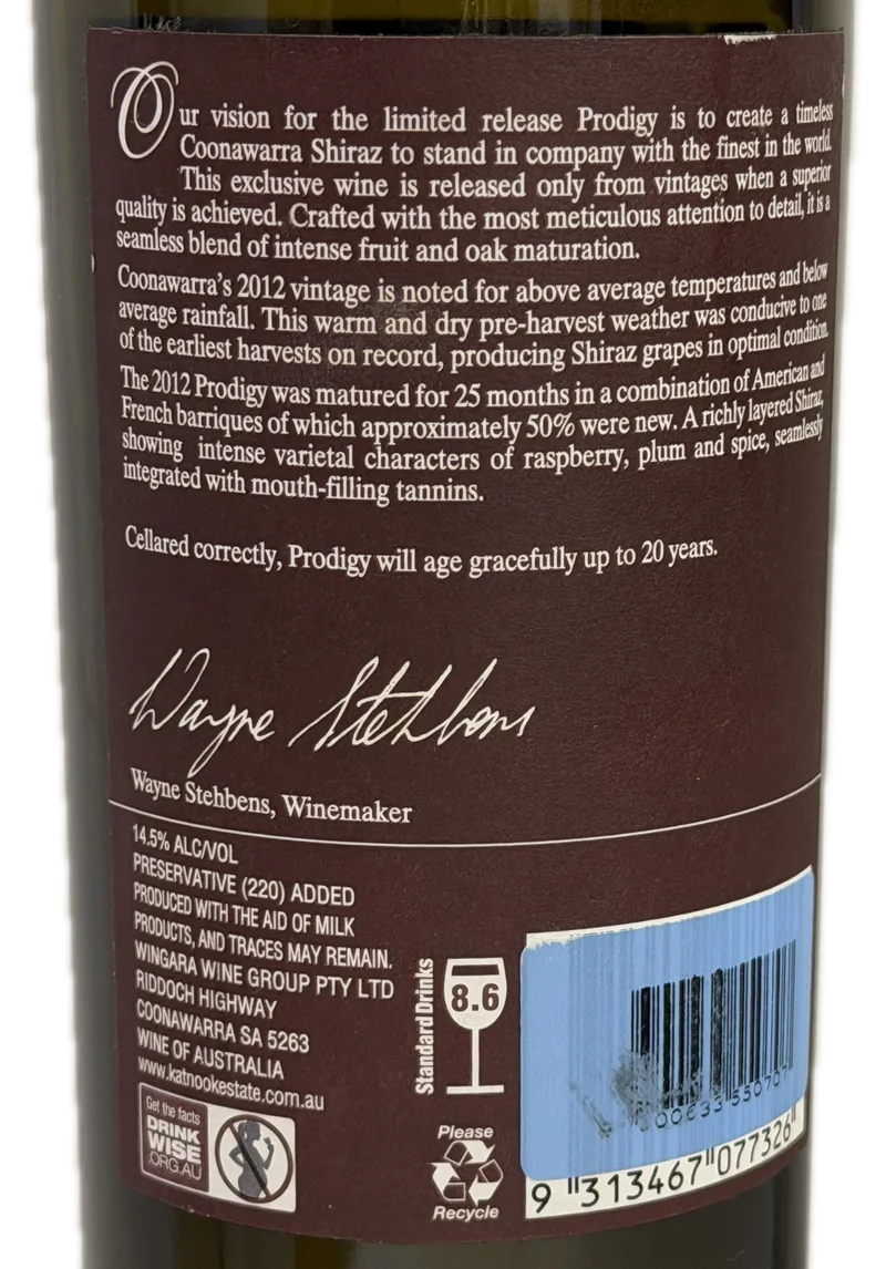 Katnook Estate Prodigy Shiraz 2012 — Back