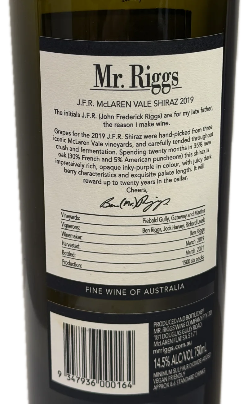 Mr. Riggs J.F.R. Shiraz 2019 — Back