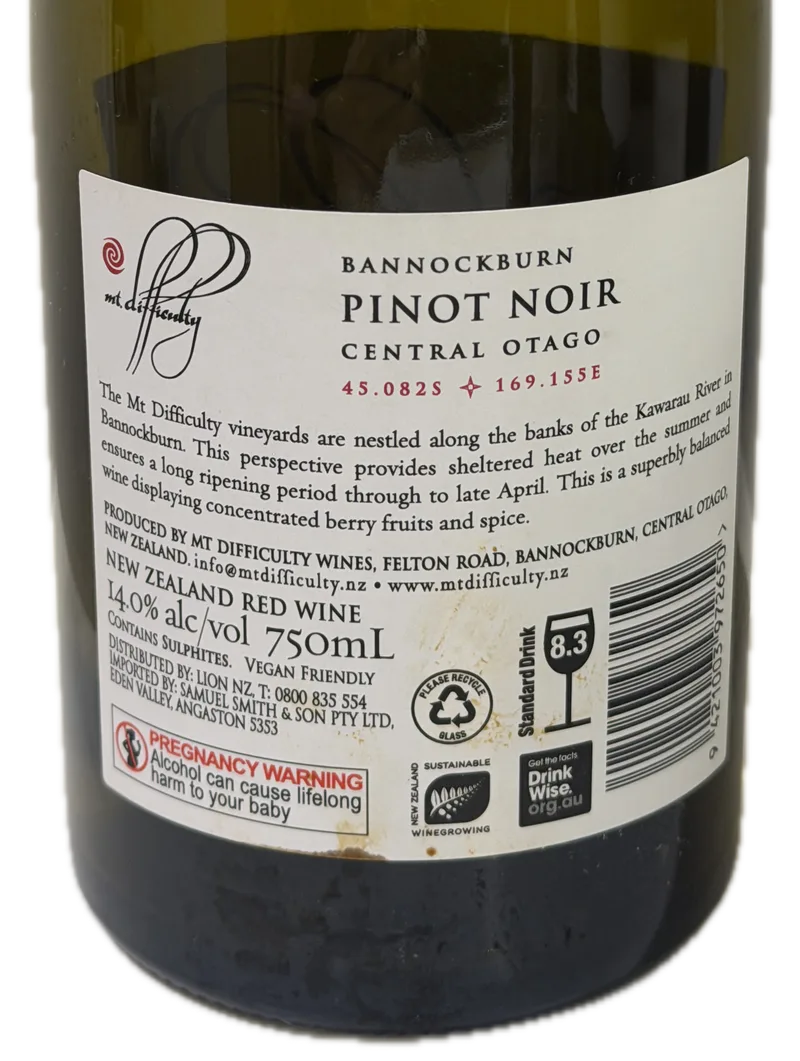 Mt. Difficulty Bannockburn Pinot Noir 2020 — Back