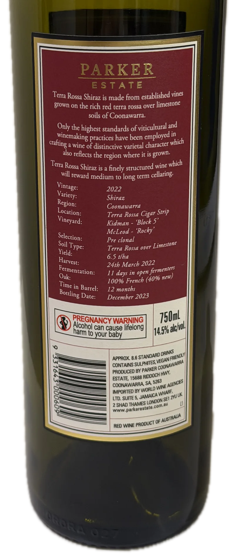 Parker Estate Terra Rossa Shiraz 2022 — Back
