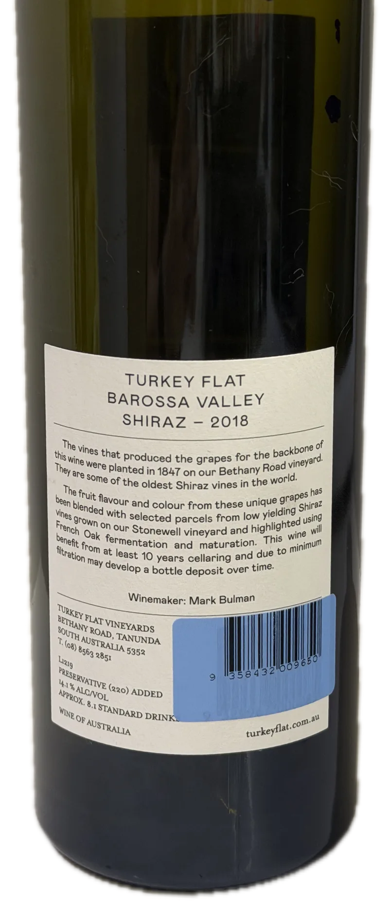 Turkey Flat Vineyards Shiraz 2018 — Back