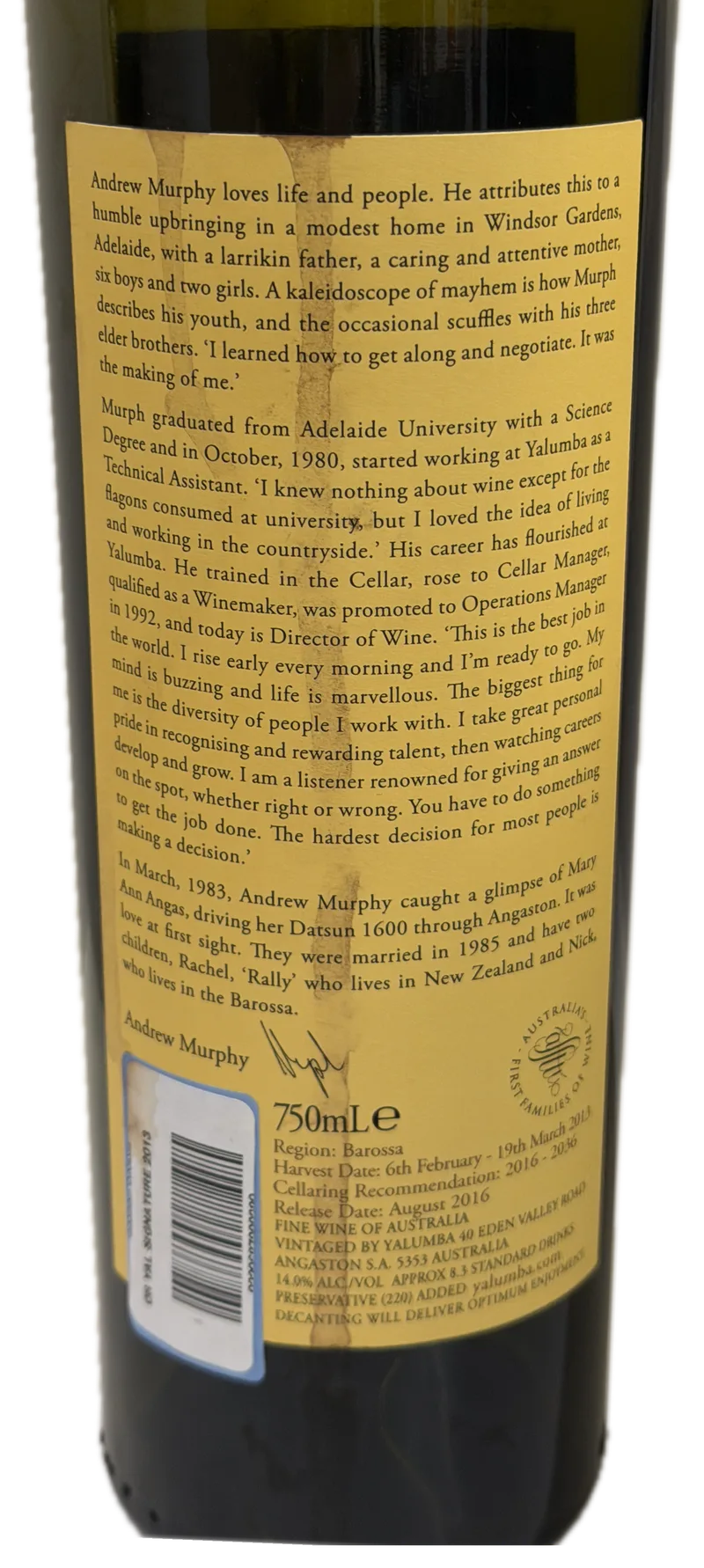 Yalumba The Signature Cabernet Sauvignon & Shiraz 2013 — Back