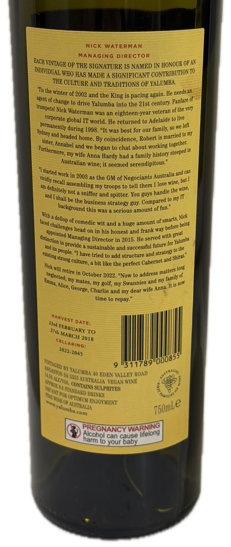 Yalumba The Signature Cabernet Sauvignon & Shiraz 2018 — Back